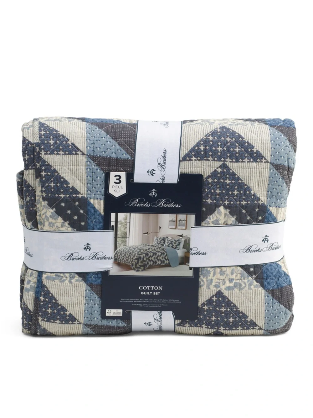 Brooks Brothers Blue and Cream Patchwork Cotton Quilt Set